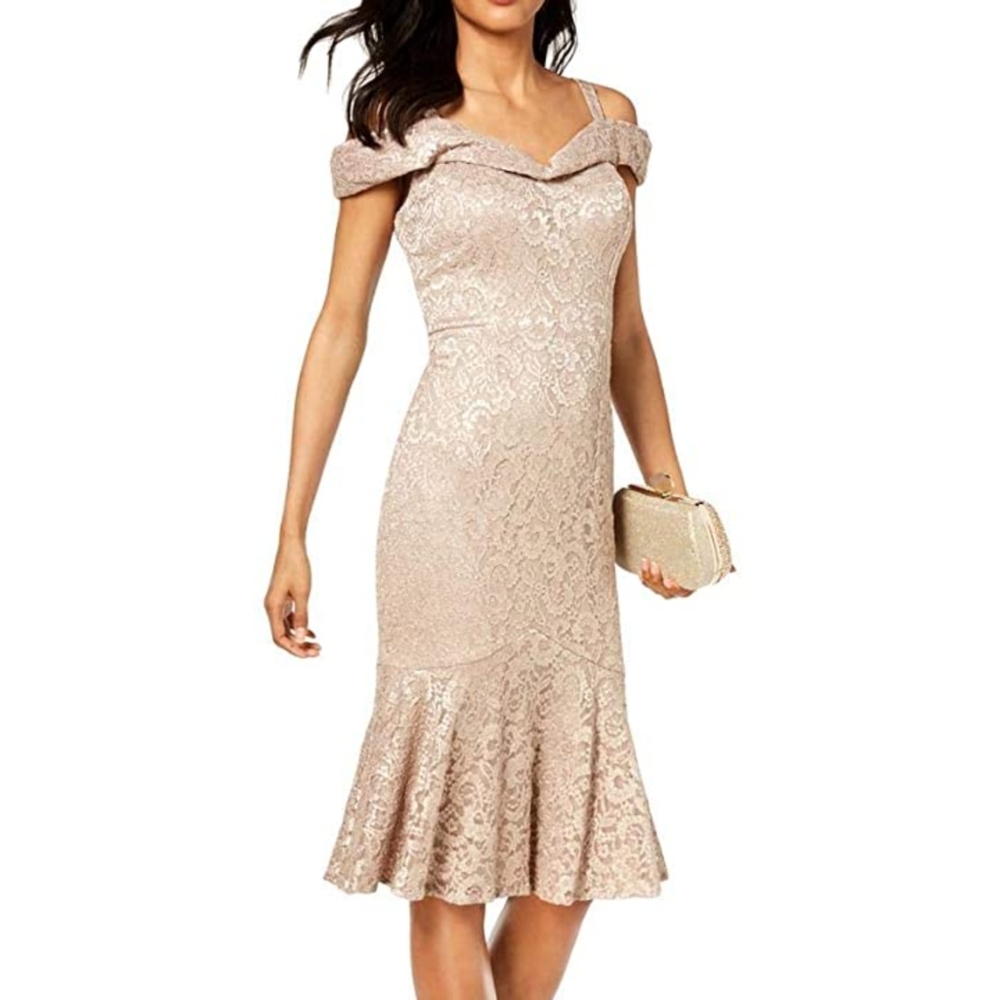R&M Richard's champagne off shoulder dress